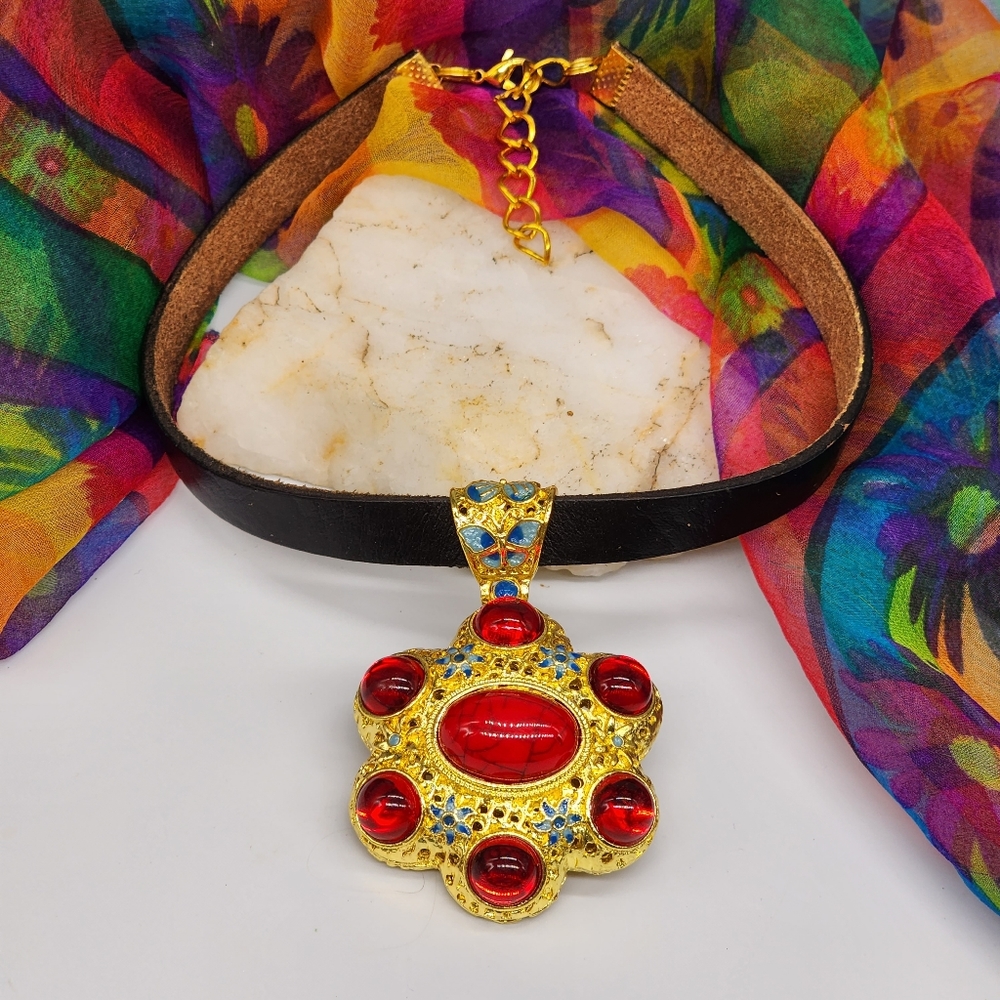 Genuine Italian Leather Designer Choker Big Gold Pendant Hypoallergenic jewelry